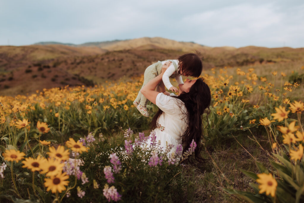 mom and baby in Boise wildflowers